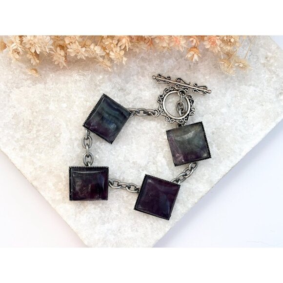 Faux Labradorite Vintage Square Vintage Costume Jewelry Bracelet - 8.25" - Picture 9 of 10